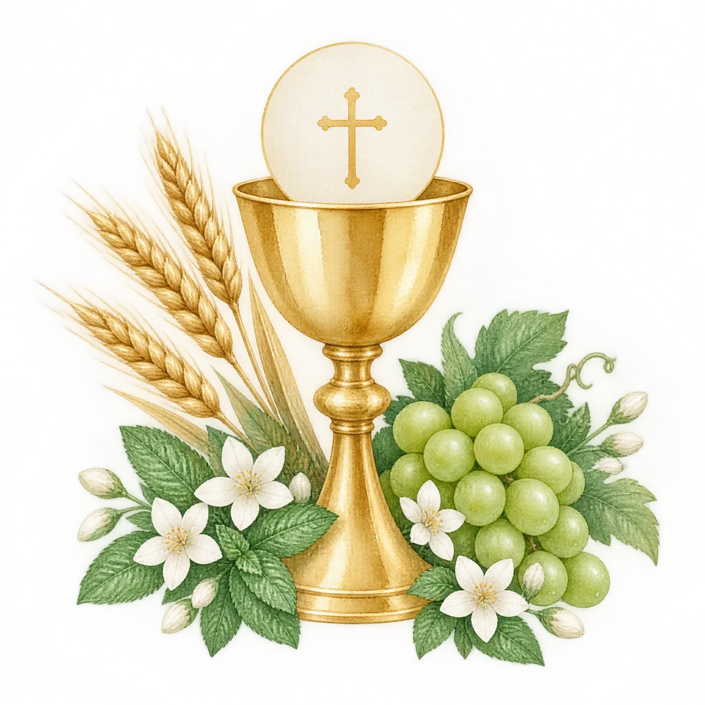 Cáliz con la Sagrada Forma, espigas y flores