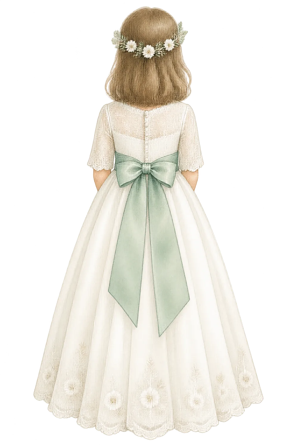 Ilustración de una niña de espaldas con su vestido de comunión