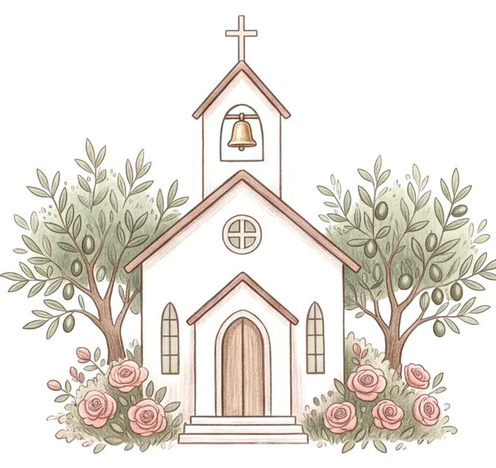 Ilustración de una iglesia blanca entre olivos y rosas