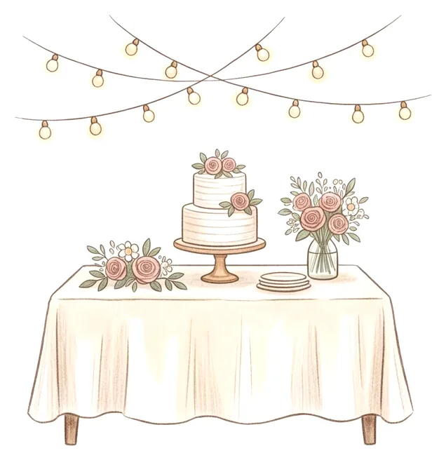 Mesa de celebración con tarta, flores y guirnalda de luces