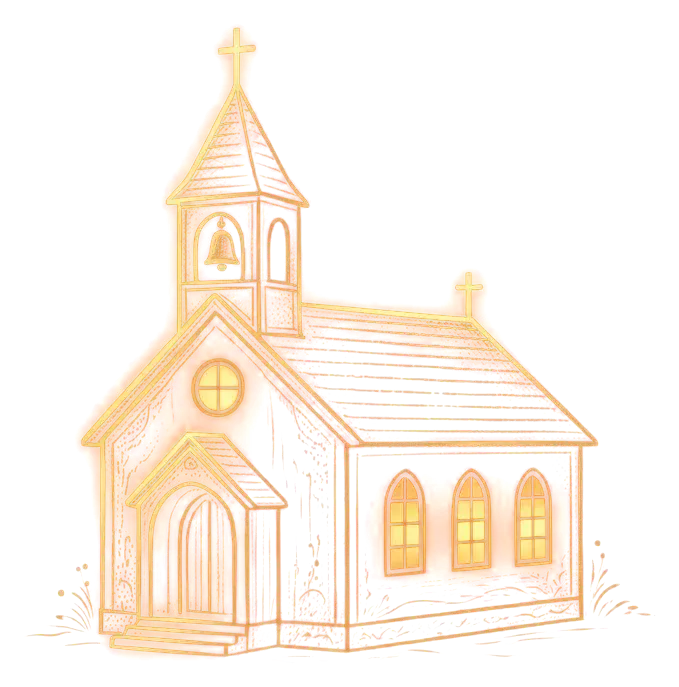 Iglesia dibujada con líneas doradas y ventanas encendidas