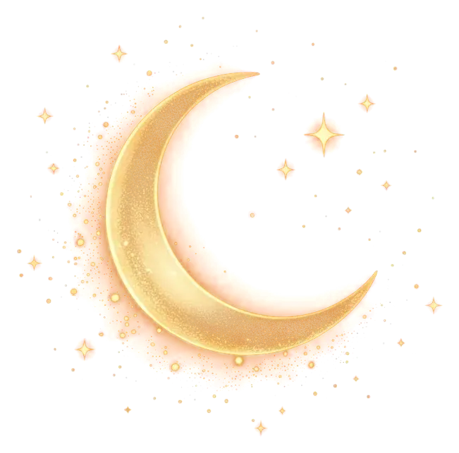 Luna creciente rodeada de estrellas