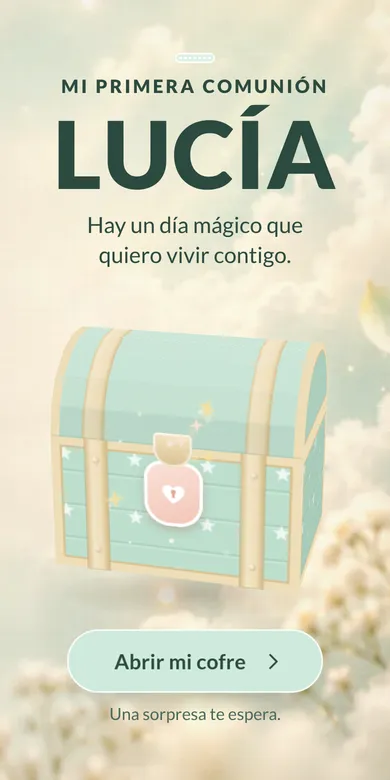 Portada de una invitación de comunión animada con un cofre